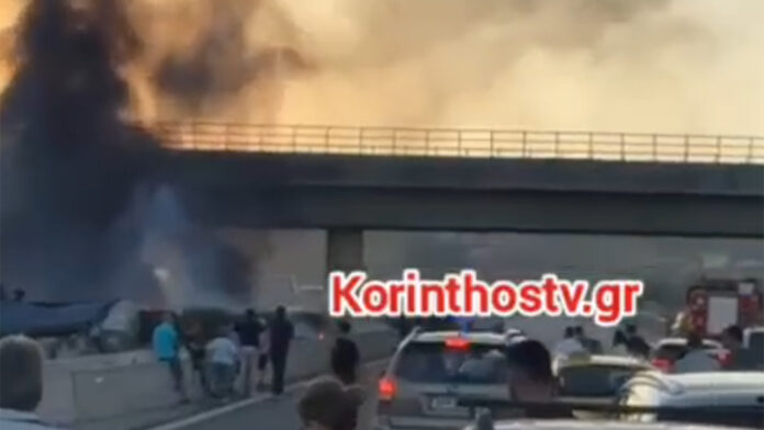 Φλεγόμενη νταλίκα στην εθνική Αθηνών – Κορίνθου – Διακοπή κυκλοφορίας και στα δύο ρεύματα
