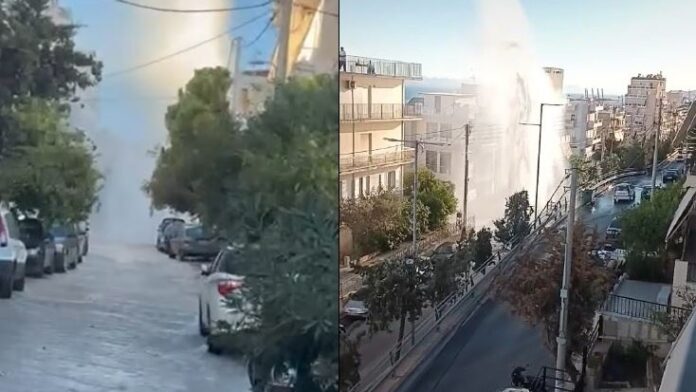 “Ο πίδακας νερού από σπασμένο αγωγό της ΕΥΔΑΠ στο Κερατσίνι έφτασε μέχρι τον δεύτερο όροφο – Δείτε το βίντεο”