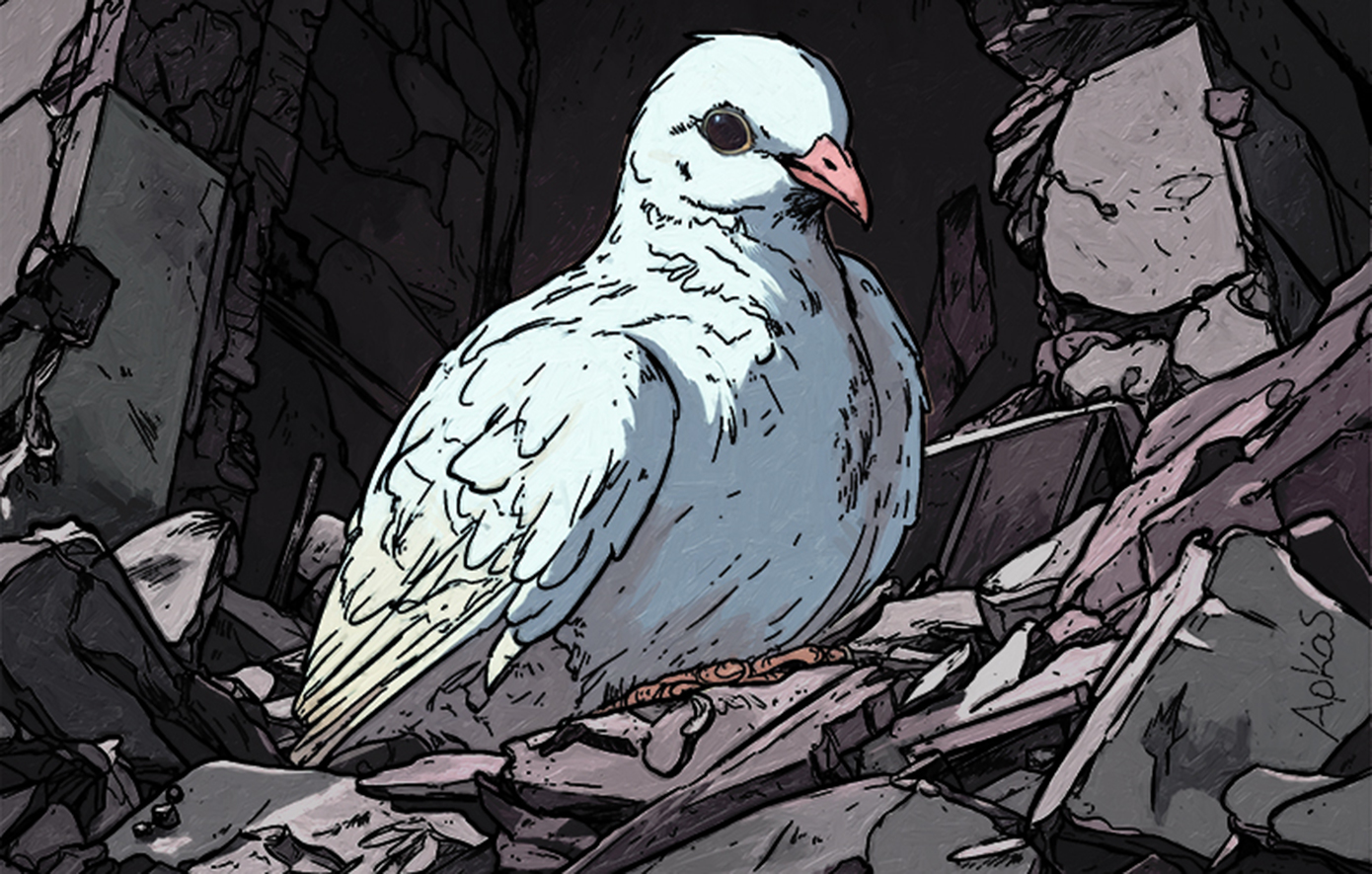 Ένα λευκό περιστέρι ανάμεσα στα ερείπια λέει «καλημέρα» ο Αρκάς