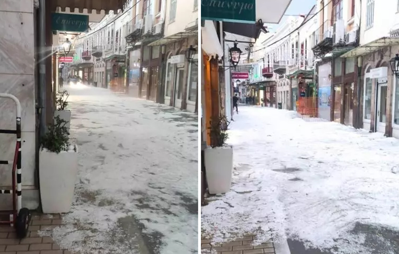 Χάος στη Μυτιλήνη από την κακοκαιρία: Πλημμυρισμένα καταστήματα και προβλήματα στο οδικό δίκτυο από το χαλάζι