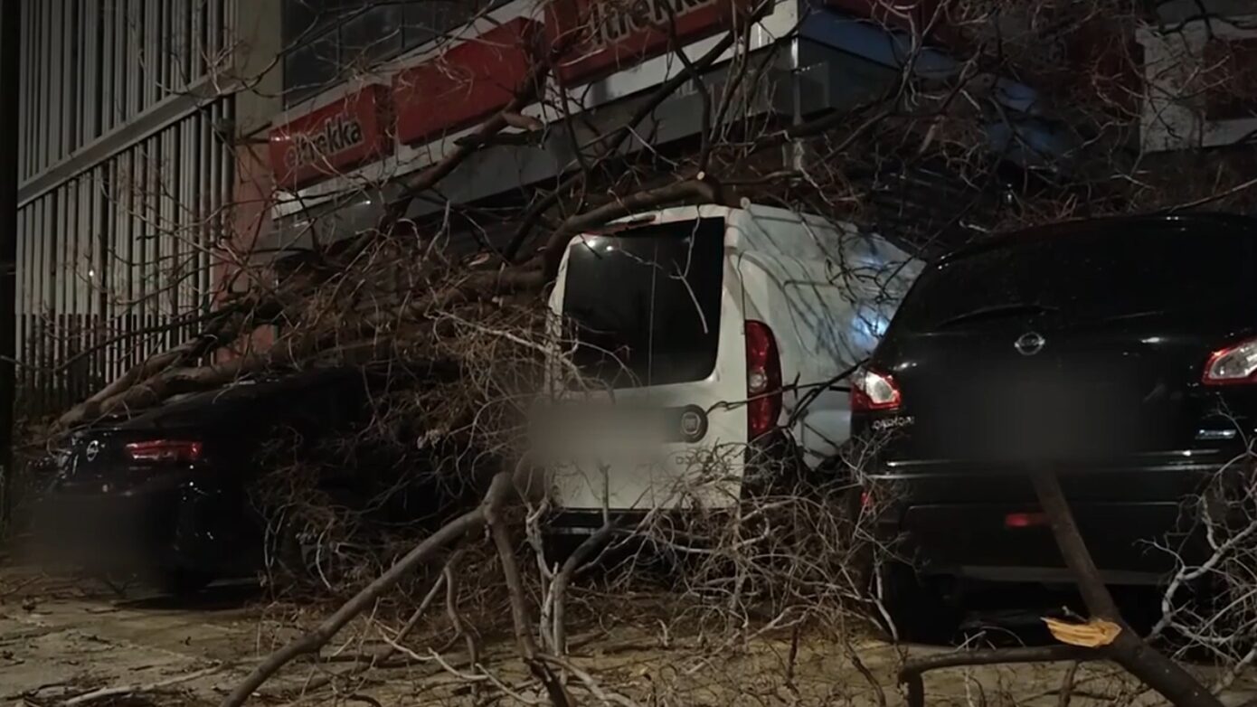 Τεράστιο δέντρο συνέθλιψε τέσσερα οχήματα στην Πειραιώς – Σε επιφυλακή η Πυροσβεστική μετά τη θύελλα στην Αττική