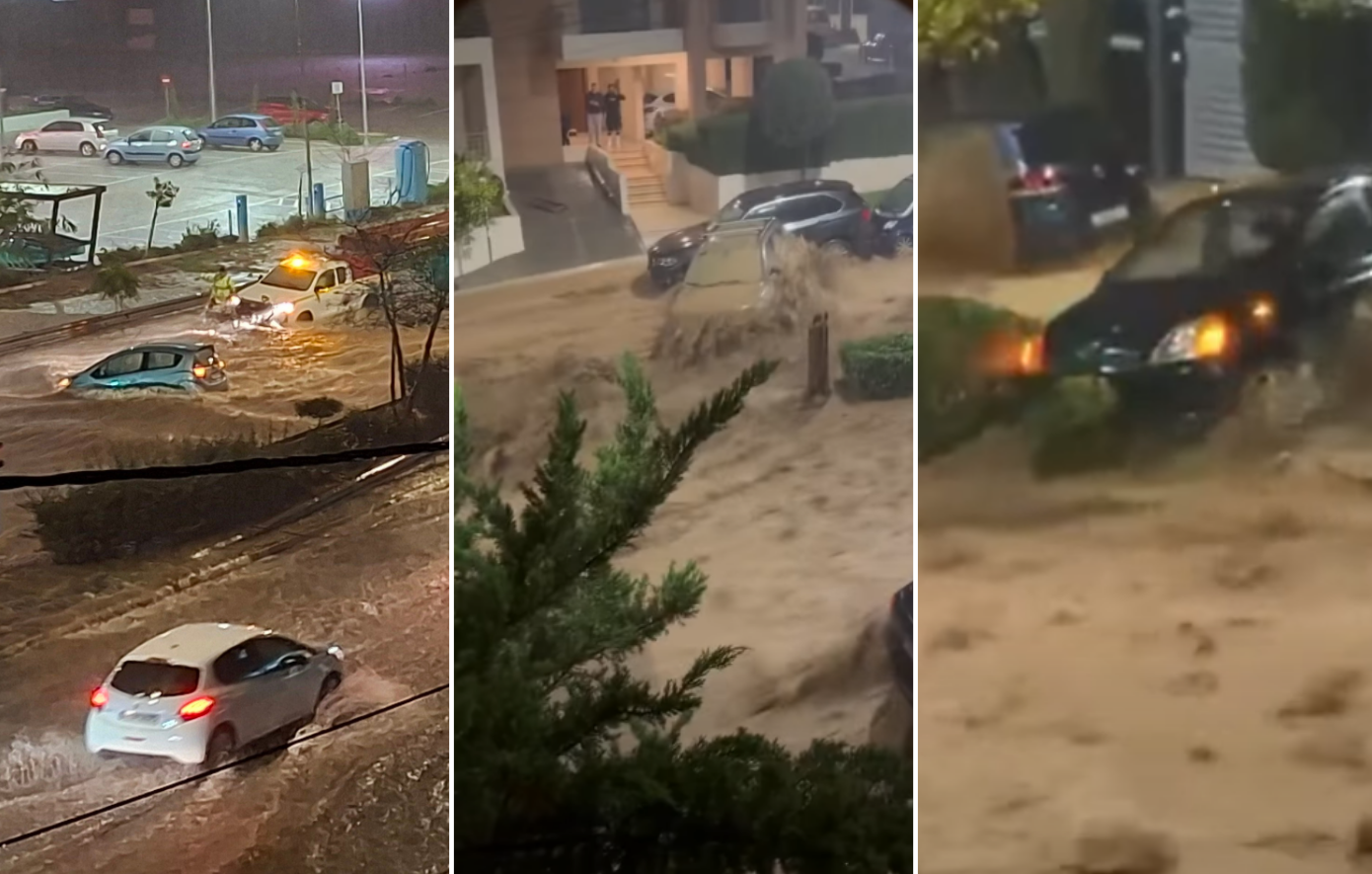 Σοκαριστικό βίντεο από την Άνω Γλυφάδα: Ορμητικοί χείμαρροι παρασύρουν οχήματα στους δρόμους