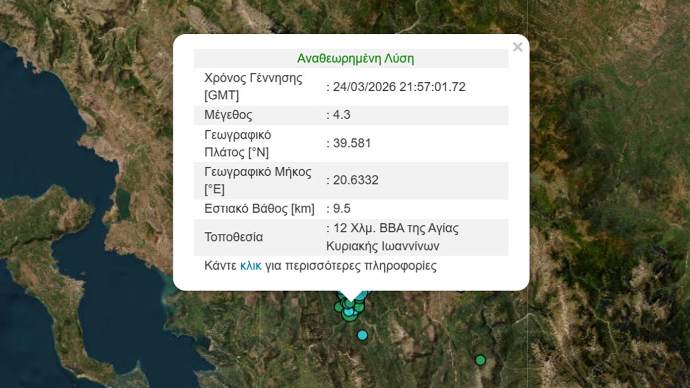 Δόνηση 4,3 Ρίχτερ στην ευρύτερη περιοχή των Ιωαννίνων