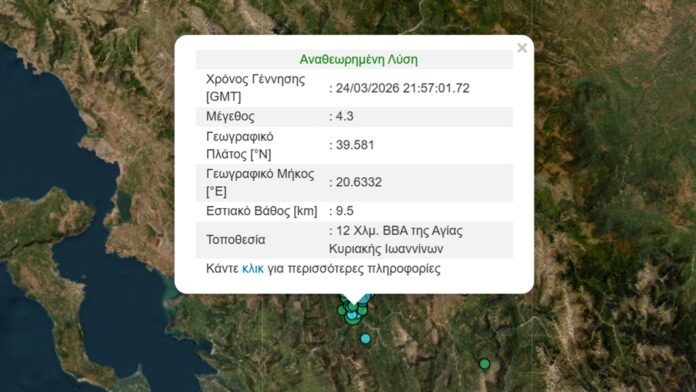 Δόνηση 4,3 Ρίχτερ στην ευρύτερη περιοχή των Ιωαννίνων