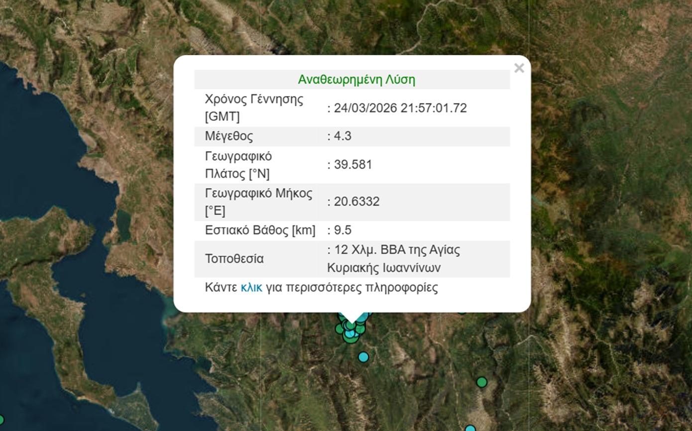 Δόνηση 4,3 Ρίχτερ στην ευρύτερη περιοχή των Ιωαννίνων