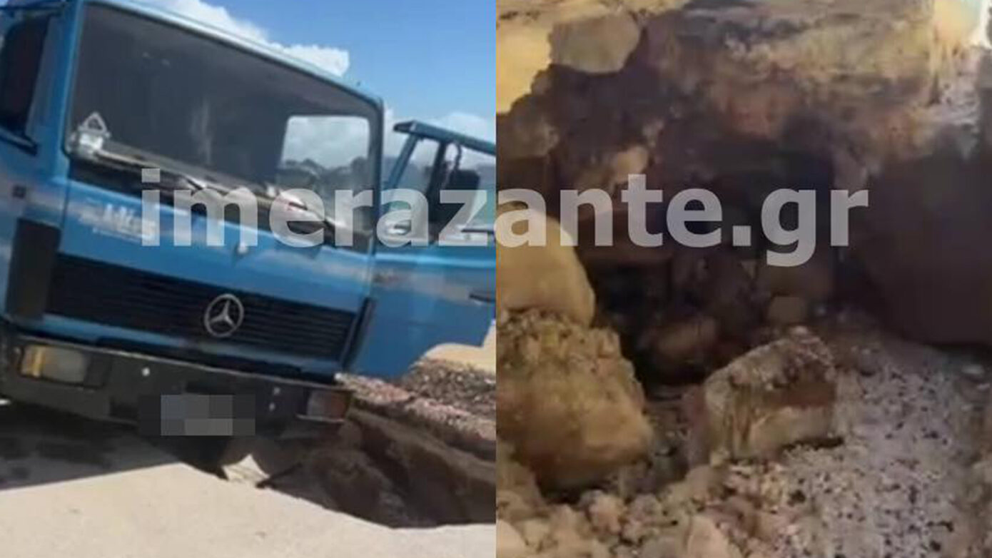 Καθίζηση στον Άγιο Σώστη Ζακύνθου: Φορτηγό κρέμεται μετά την κατάρρευση του δρόμου