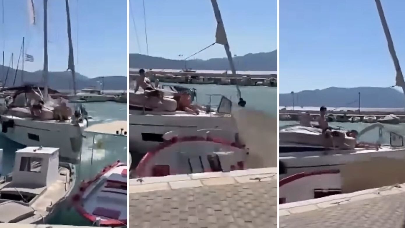 Τουριστικό ιστιοφόρο προσκρούει σε ελλιμενισμένα σκάφη στο λιμάνι του Καλάμου Λευκάδας – βίντεο