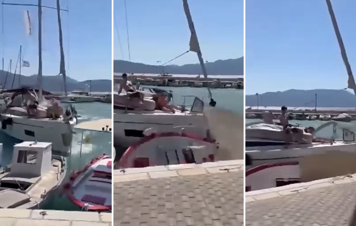 Τουριστικό ιστιοφόρο προσκρούει σε ελλιμενισμένα σκάφη στο λιμάνι του Καλάμου Λευκάδας – βίντεο