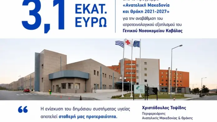 Γενικό Νοσοκομείο Καβάλας: Ενίσχυση με 3,1 εκατ. ευρώ από το Πρόγραμμα Ανατολική Μακεδονία και Θράκη 2021-2027